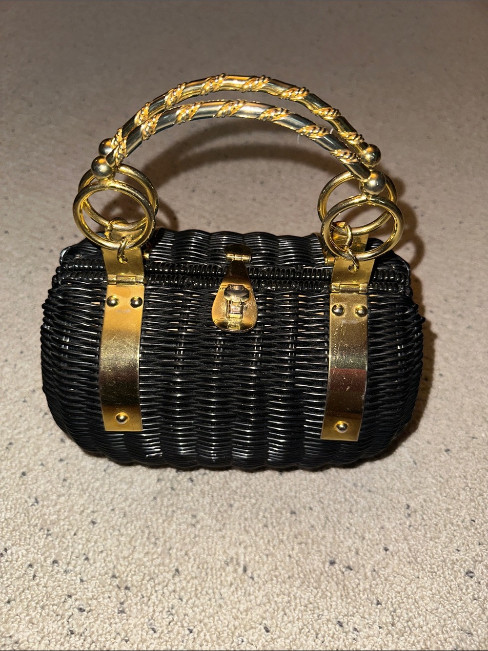 Vintage Black Woven Handbag with Gold Hardware